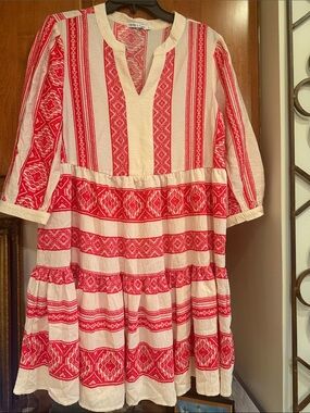 Anthropologie Figueroa & Flower Red Ivory Tiered Flowy Midi Dress Large Boho ❤️